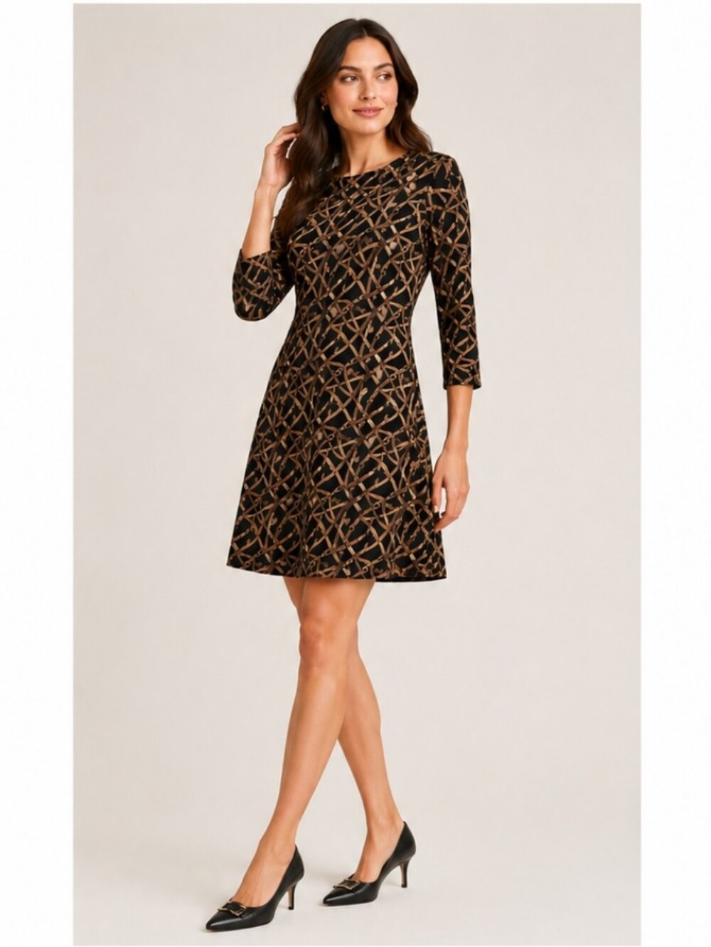 Barbara Gerwit Black Equestrian Chain Print Midi Dress Sz XL